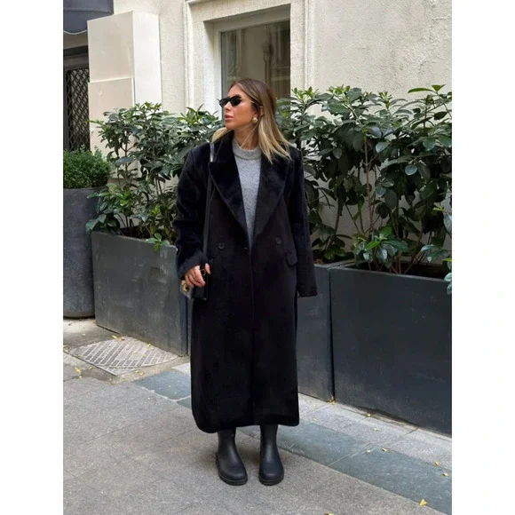 Black Faux Fur Coat Women Luxury Soft Jacket Elegant Plush Outerwear - Picture 4 of 10